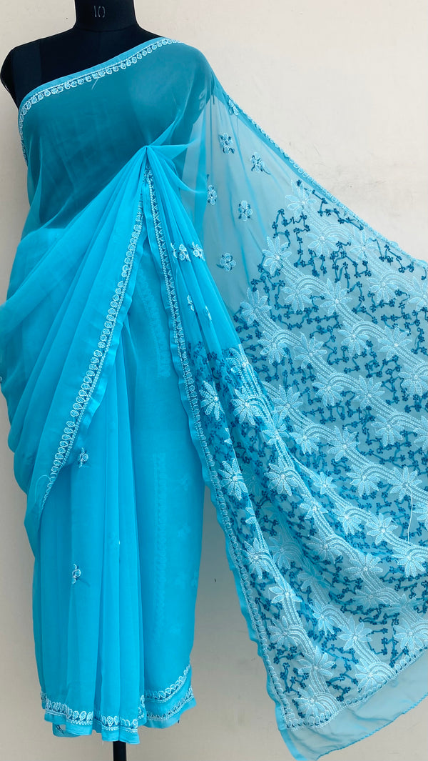 Lucknowi Chikankari Saree Blue Georgette