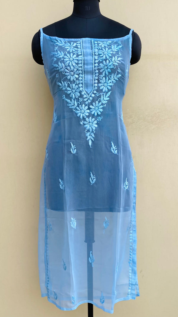 Lucknowi Chikankari Sleeveless Kurti Powder Blue Georgette With Self Work