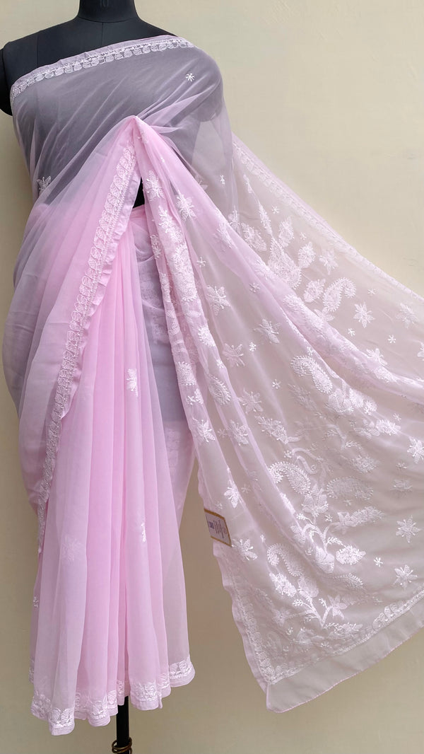 Lucknowi Chikankari Saree Pink Georgette