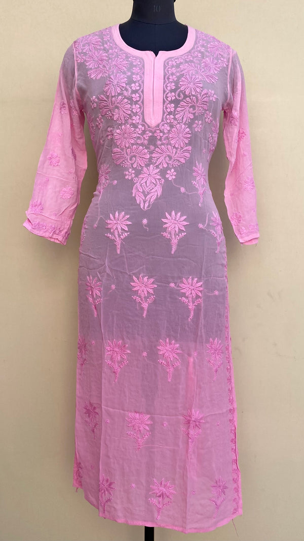 Lucknowi Chikankari Ombre Kurti Pink Pure Georgette With Self 3D Work