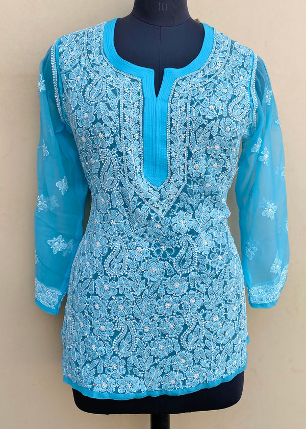 Lucknowi Chikankari Short Kurti Blue Georgette