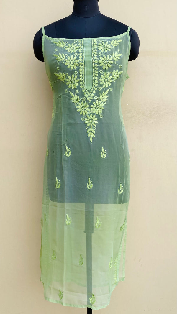 Lucknowi Chikankari Sleeveless Kurti Green Georgette With Self Work