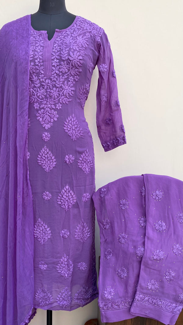 Lucknowi Chikankari Co-ord Set Purple Pure Georgette With Mukaish & Self Work