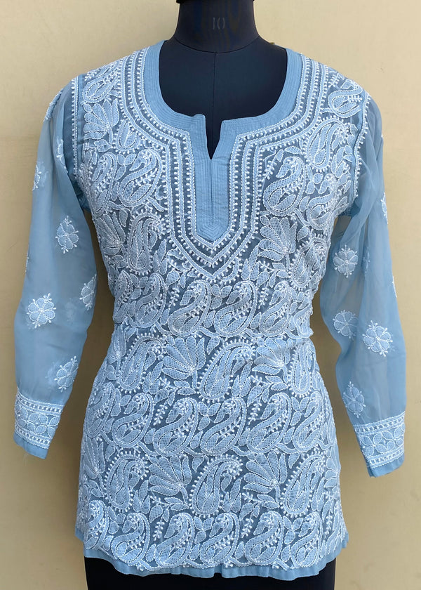 Lucknowi Chikankari Short Kurti Powder Blue Georgette