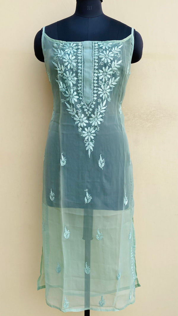 Lucknowi Chikankari Sleeveless Kurti Pista Green Georgette With Self Work