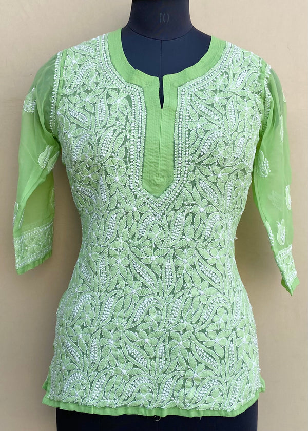 Lucknowi Chikankari Short Kurti Parrot Green Georgette