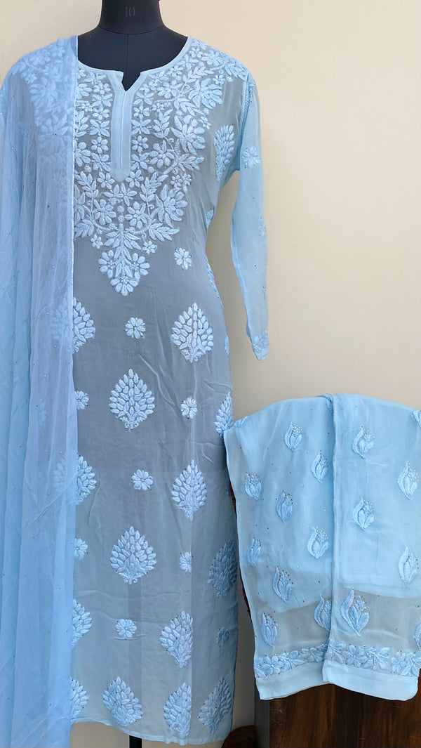 Lucknowi Chikankari Co-ord Set Powder Blue Pure Georgette With Mukaish & Self Work