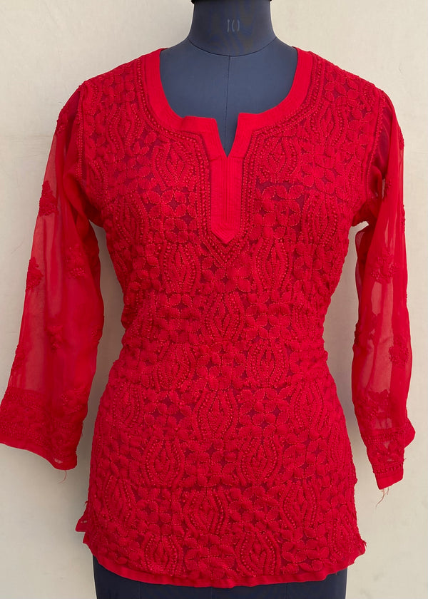 Lucknowi Chikankari Short Kurti Red Georgette