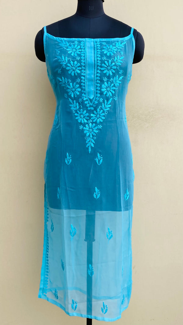 Lucknowi Chikankari Sleeveless Kurti Blue Georgette With Self Work