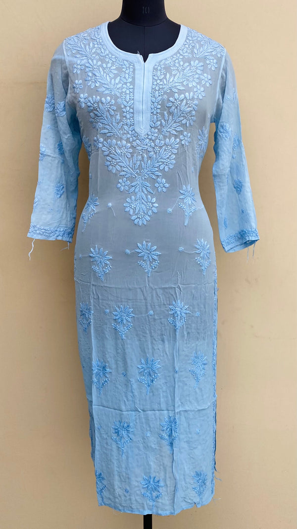 Lucknowi Chikankari Ombre Kurti Powder Blue Pure Georgette With Self 3D Work