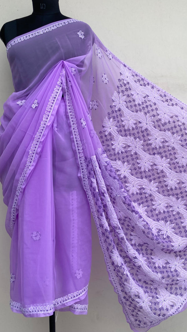 Lucknowi Chikankari Saree Purple Georgette