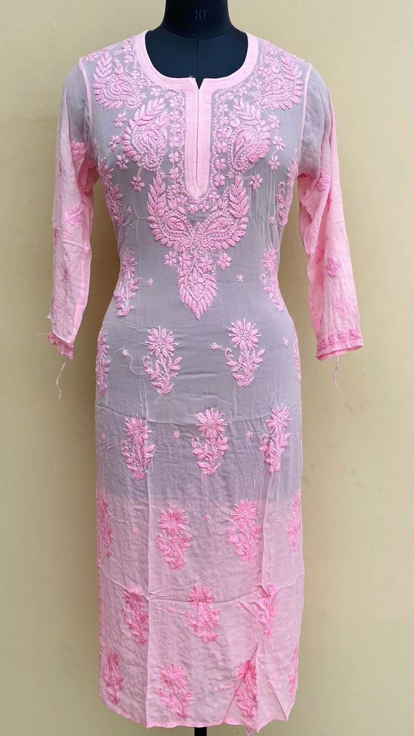 Lucknowi Chikankari Ombre Kurti Pink Pure Georgette With Self 3D Work