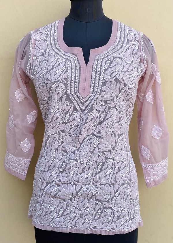 Lucknowi Chikankari Short Kurti Onion Pink Georgette