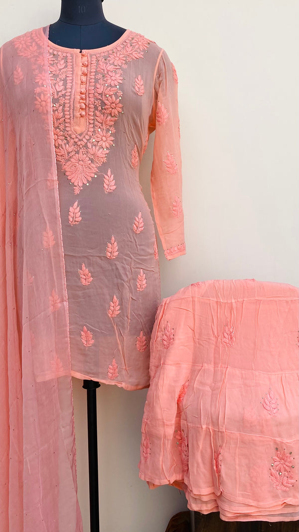 Lucknowi Chikankari Co-ord Set Pink Pure Georgette With Mukaish & Self Work