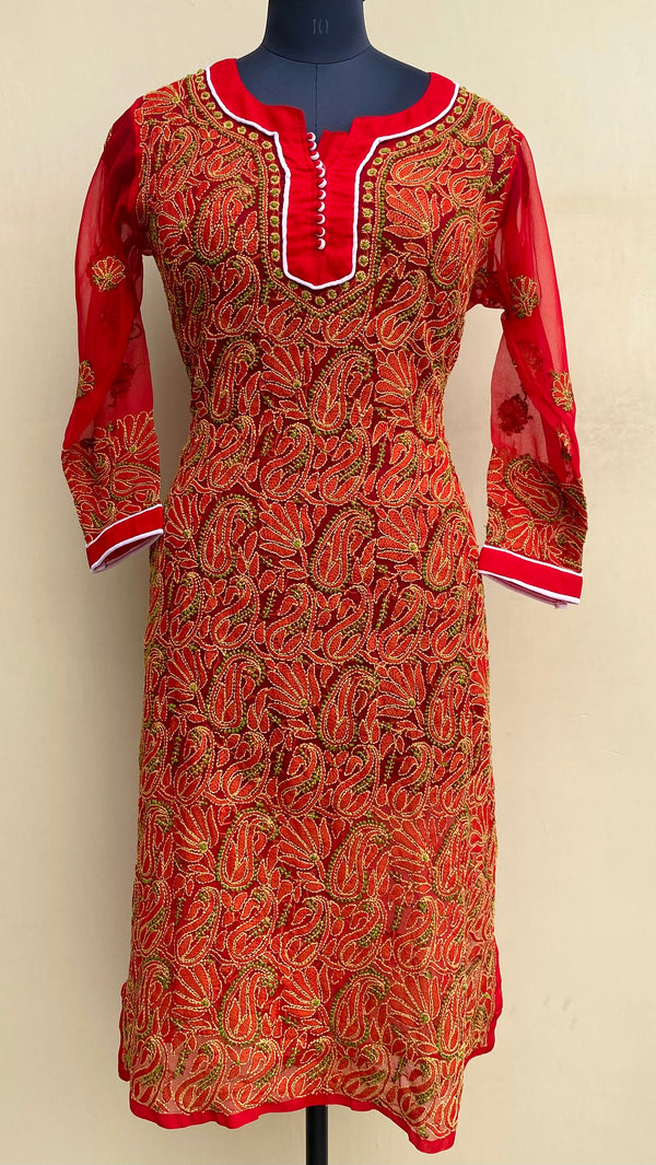Lucknowi Chikankari Kurti Red Georgette