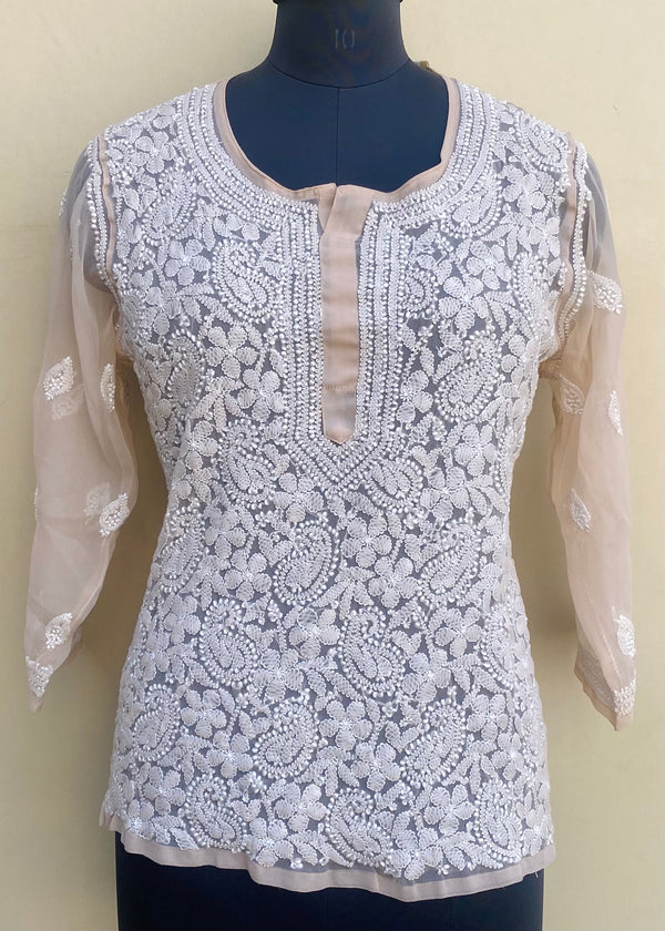 Lucknowi Chikankari Short Kurti Beige Georgette