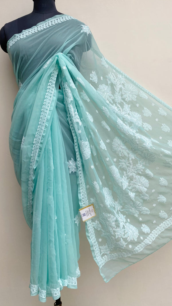 Lucknowi Chikankari Saree Sea Green Georgette