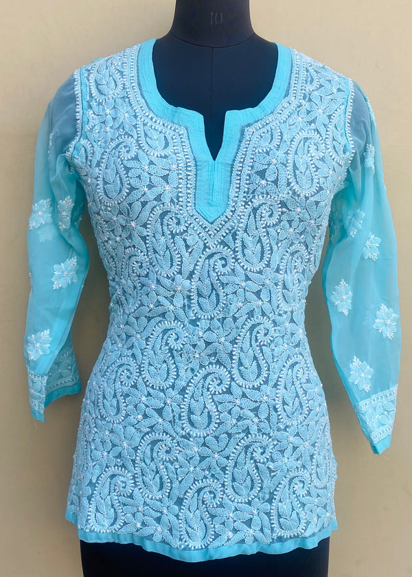 Lucknowi Chikankari Short Kurti Blue Georgette