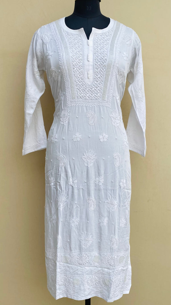 Lucknowi Chikankari Kurti White Muslin Cotton With Pearl & Cutdana Work