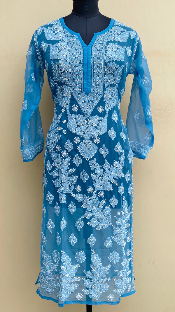 Lucknowi Chikankari Kurti Powder Blue Georgette