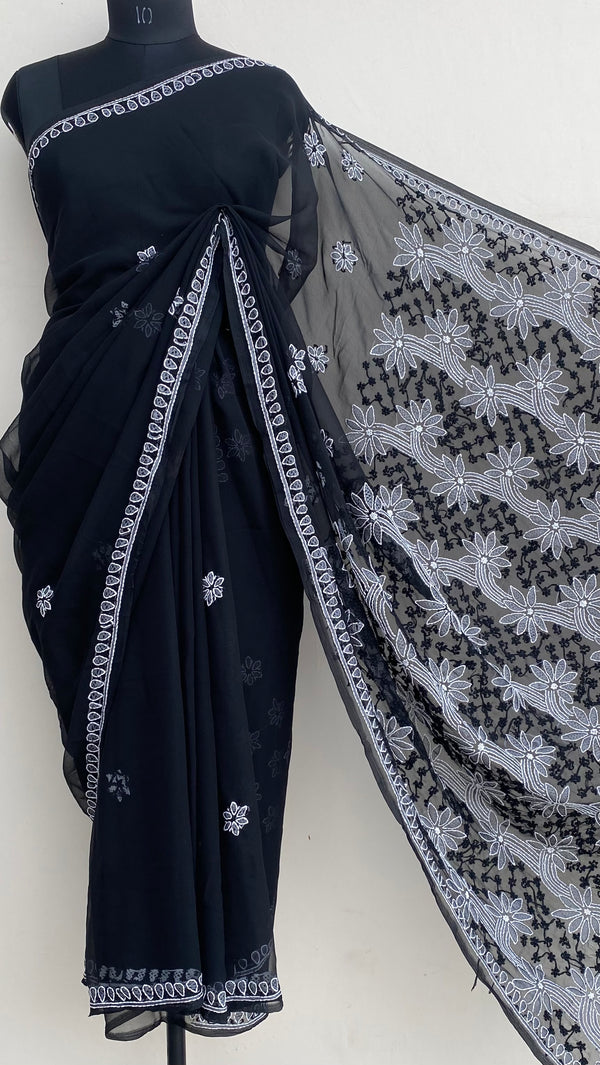 Lucknowi Chikankari Saree Black Georgette