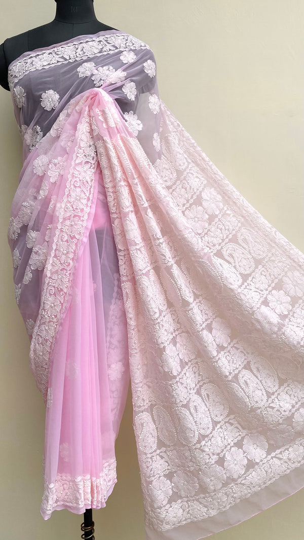 Lucknowi Chikankari Saree Pink Georgette