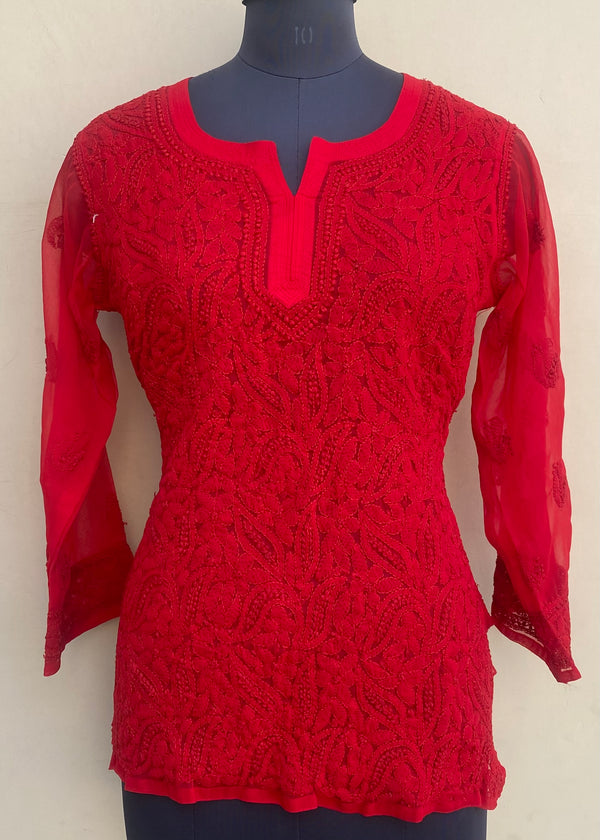 Lucknowi Chikankari Short Kurti Red Georgette