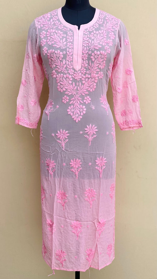 Lucknowi Chikankari Ombre Kurti Pink Pure Georgette With Self 3D Work