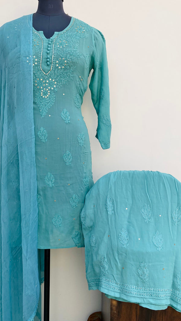 Lucknowi Chikankari Ombre Co-ord Set Teal Green Pure Georgette With Mukaish Work