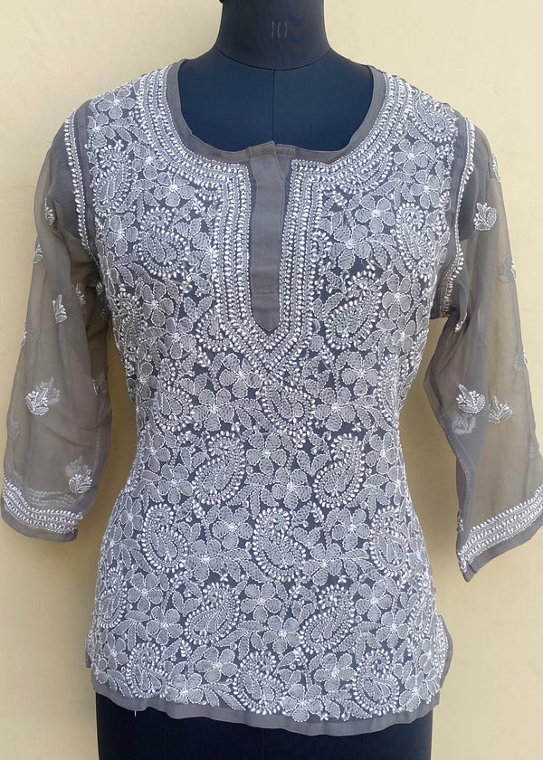 Lucknowi Chikankari Short Kurti Gray Georgette