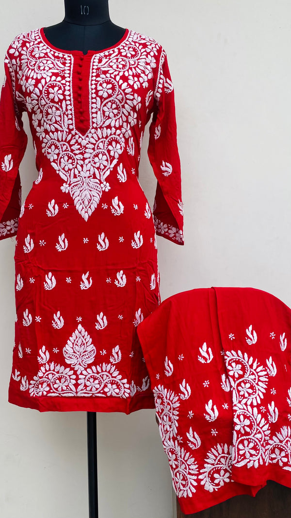 Lucknowi Chikankari Co-ord Set Red Modal Cotton