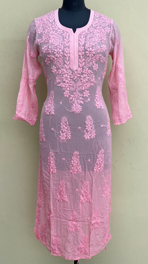 Lucknowi Chikankari Ombre Kurti Pink Pure Georgette With Self 3D Work