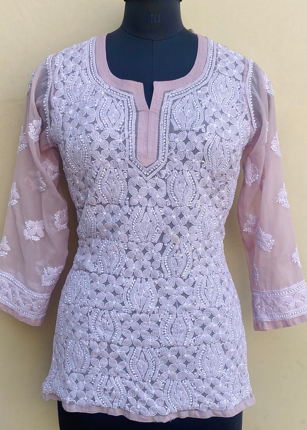 Lucknowi Chikankari Short Kurti Rose Pink Georgette