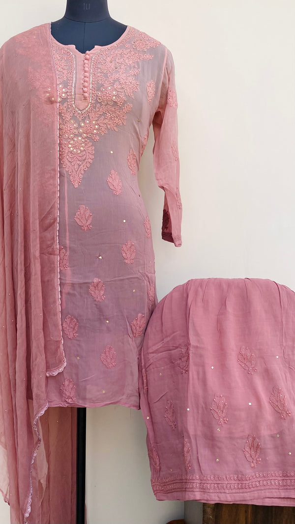 Lucknowi Chikankari Ombre Co-ord Set Copper Pure Georgette With Mukaish Work