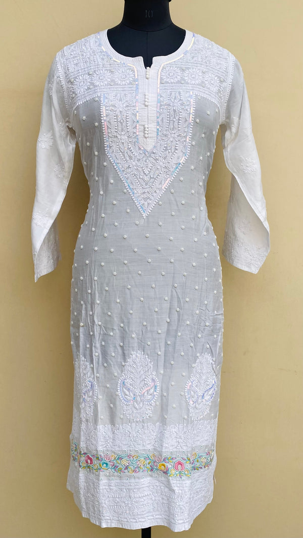 Lucknowi Chikankari Kurti White Muslin Cotton With Pearl & Sequence Work