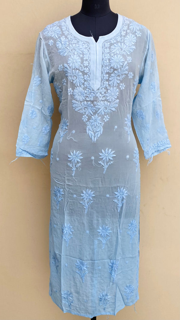 Lucknowi Chikankari Ombre Kurti Powder Blue Pure Georgette With Self 3D Work