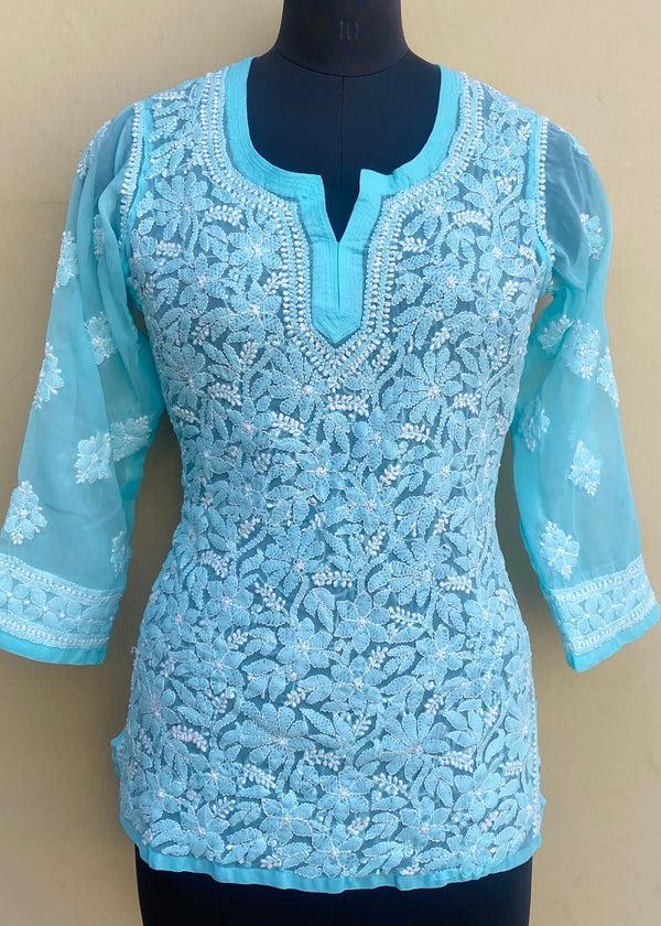 Lucknowi Chikankari Short Kurti Sea Green Georgette