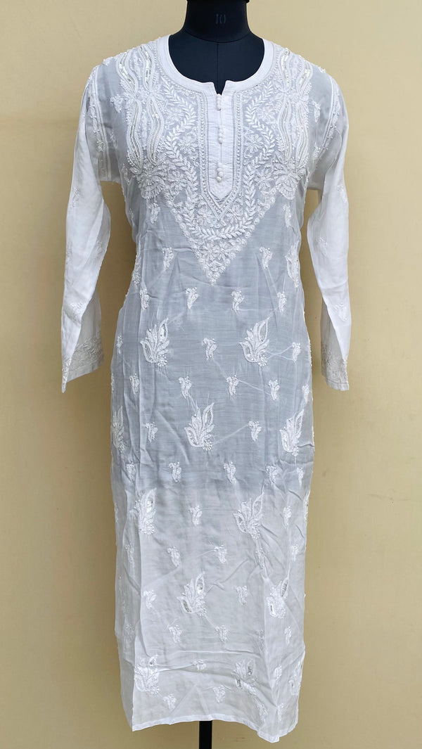 Lucknowi Chikankari Kurti White Muslin Cotton With Pearl & Sequence Work