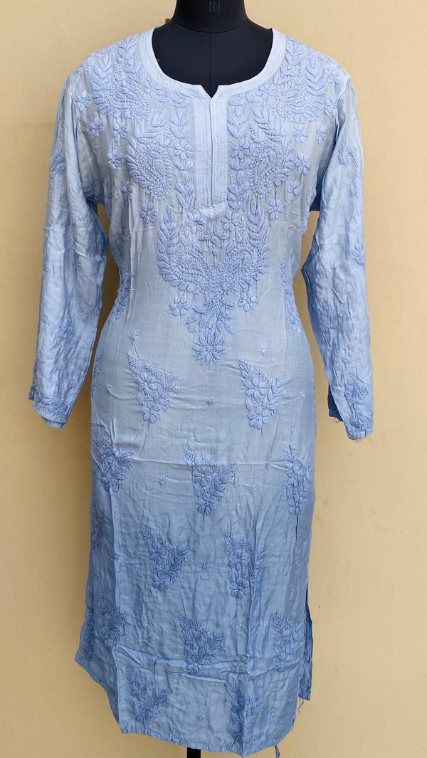 Lucknowi Chikankari Ombre Kurti Powder Blue Muslin Cotton With Self 3D Work