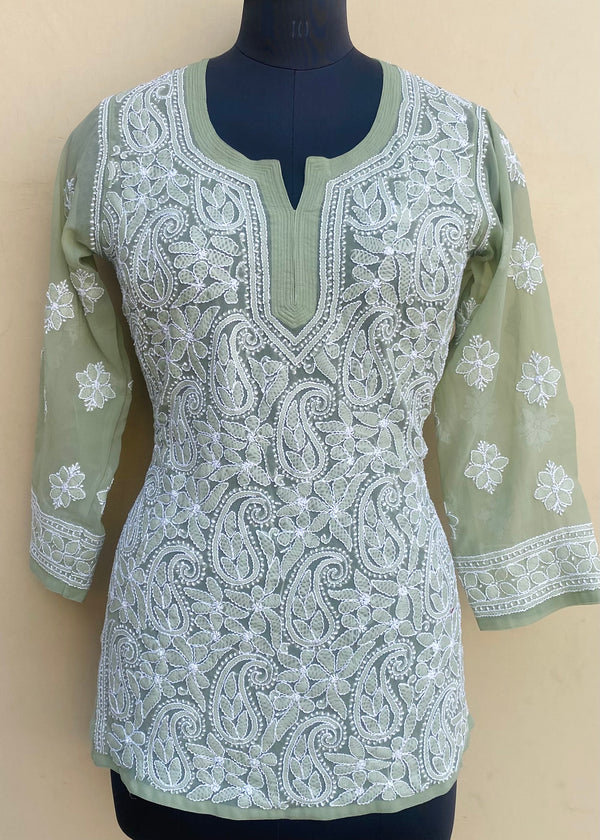 Lucknowi Chikankari Short Kurti Teal Green Georgette