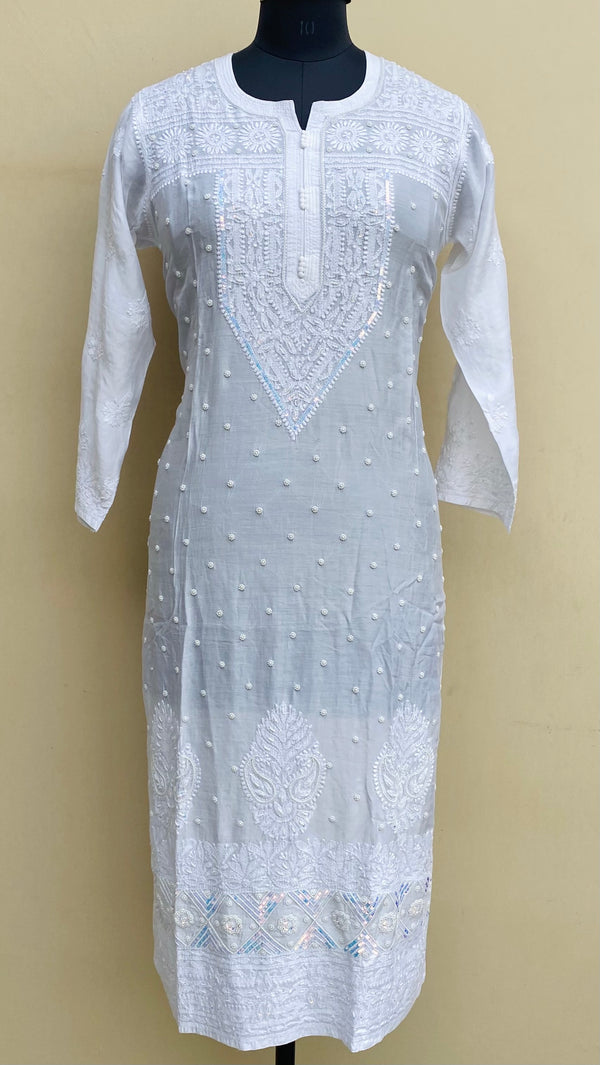 Lucknowi Chikankari Kurti White Muslin Cotton With Pearl & Sequence Work