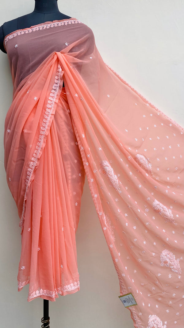 Lucknowi Chikankari Saree Peach Georgette With Jaali Work