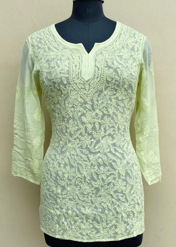 Lucknowi Chikankari Short Kurti Green Pure Georgette