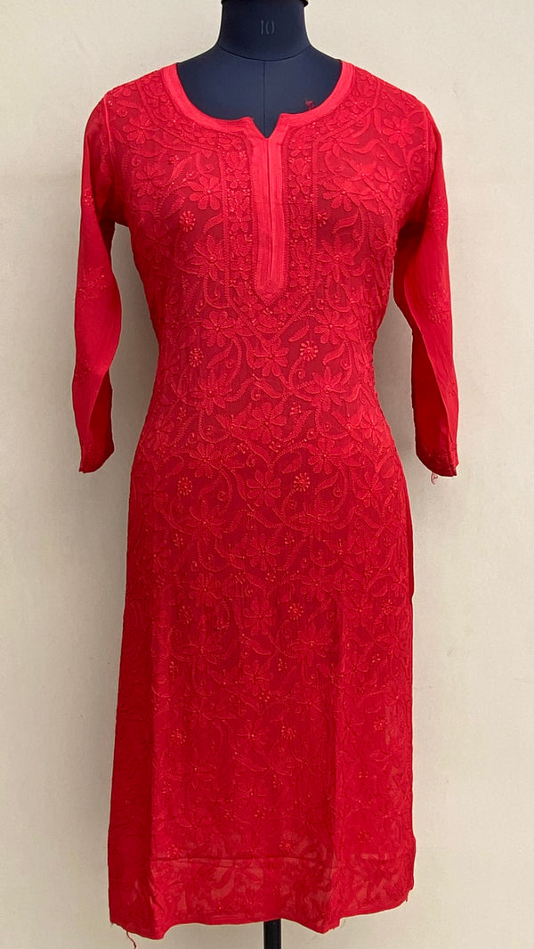 Lucknowi Chikankari Kurti Red Pure Georgette With Resham Work