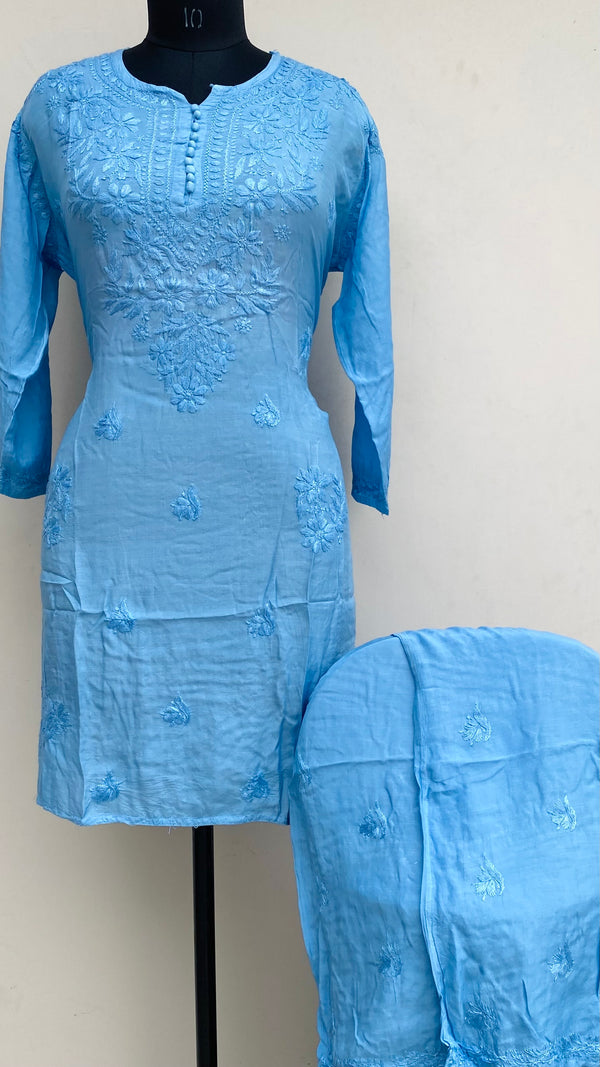 Lucknowi Chikankari Co-ord Set Blue Muslin Cotton With Self Work