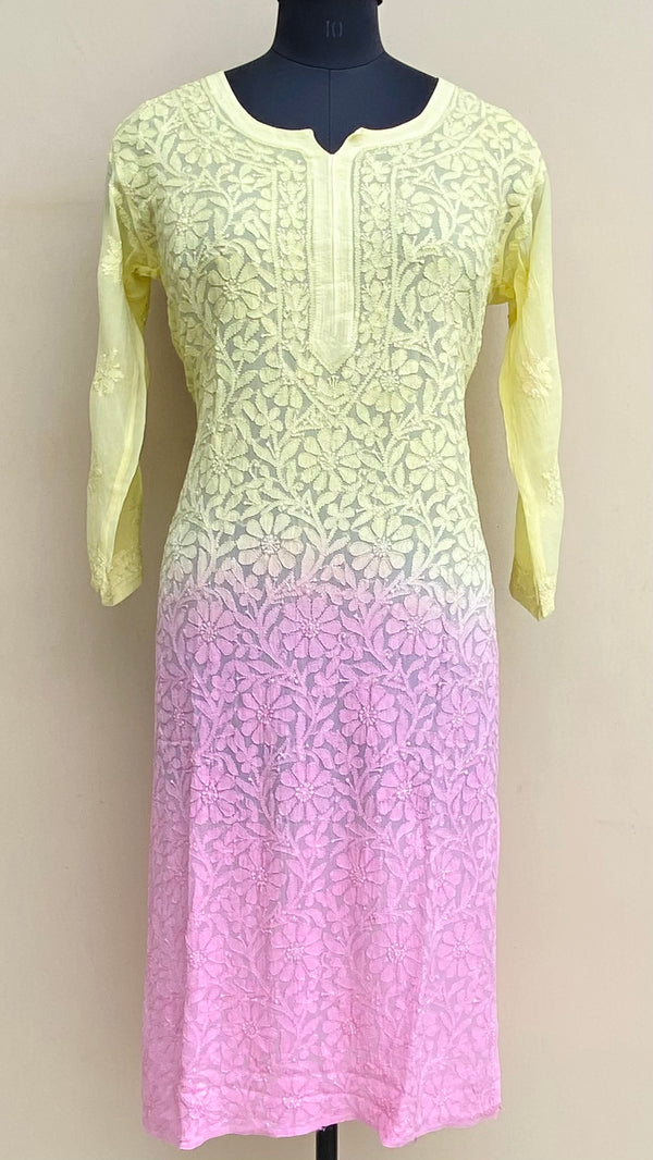 Lucknowi Chikankari Ombre Kurti  Lemon Yellow Pure Georgette With Resham Work