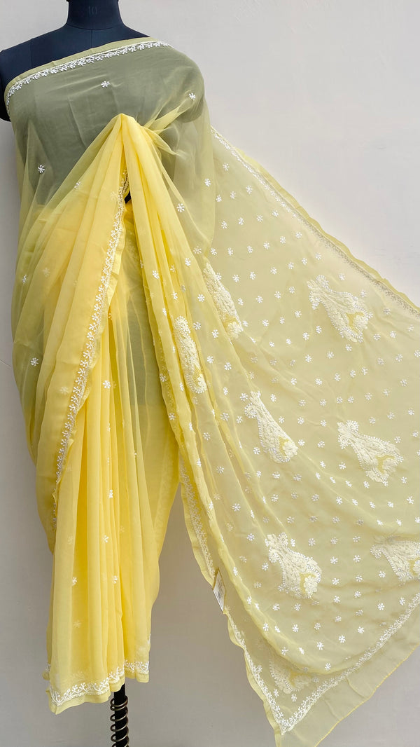 Lucknowi Chikankari Saree Yellow Georgette