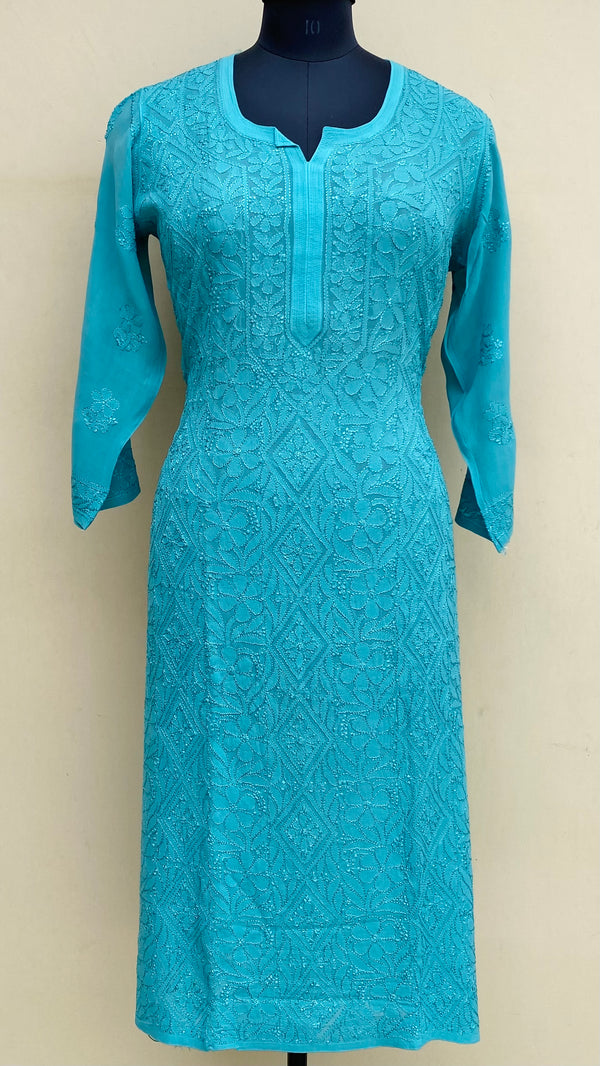 Lucknowi Chikankari Kurti Aqua Blue Pure Georgette With Resham Work