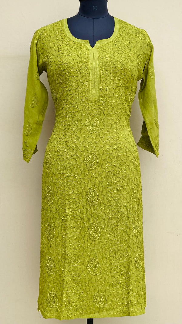 Lucknowi Chikankari Kurti Mehandi Green Pure Georgette With Resham Work