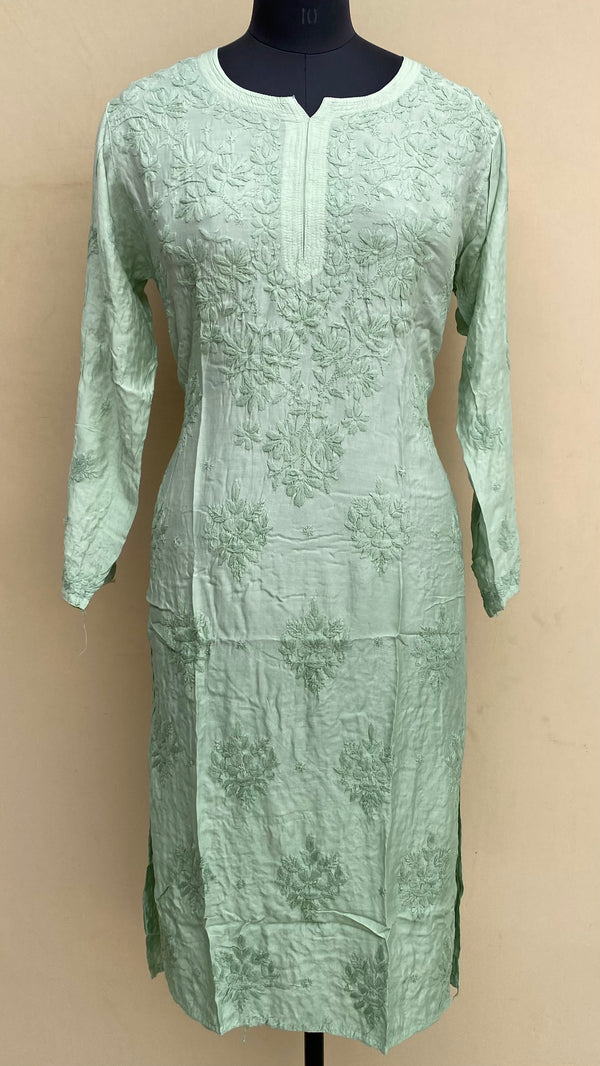 Lucknowi Chikankari Ombre Kurti Green Muslin Cotton With Self 3D Work